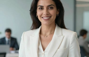 Professional portrait of a South American woman executive in a crisp white blazer, smiling confidently in a modern light blue office environment, blurred business background, professional lighting.