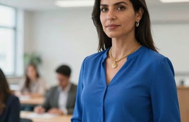 Professional portrait of a South American female consultant wearing gold jewelry and a medium blue blouse, standing in a clean and modern training facility, bright and airy composition.