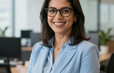 Portrait of a Brazilian executive woman with glasses, smiling warmly in a light blue office setting, professional attire, soft daylight, sharp focus on subject.