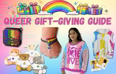 Queer gift-giving guide image with rainbow Pride gifts and LGBTQIA+ fashion.