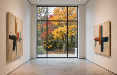 An inspiring image of a modern, minimal gallery space in the US. Large windows reveal North American autumn foliage. The interior is clean with ivory walls and taupe floors, exhibiting large abstract canvases.
