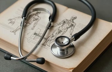 Still life photography of a vintage stethoscope resting on a stack of fine art books and anatomy sketches. The setting is a quiet study with taupe and charcoal green colors, reflecting a North American physician's heritage.