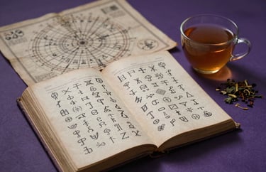 A mystical still life photograph featuring an open ancient book of symbols, an astrological map, and a cup of herbal tea. The color palette includes deep purple and charcoal. Soft, cinematic shadows create a sense of profound insight. Northern European aesthetic.