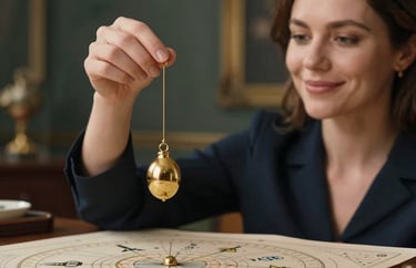 A close-up photography of a professional woman with a calm smile, holding a golden pendulum over an astrological chart. The background is softly blurred, showing a high-end, mystical office space. Northern European style.