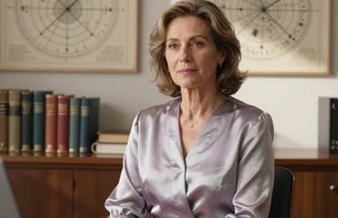 A high-quality portrait of a wise-looking woman in her 40s with a calm expression, wearing professional yet flowing silver lavender attire. She is sitting in a sunlit Northern European office with a shelf of ancient books and astrological charts behind her.