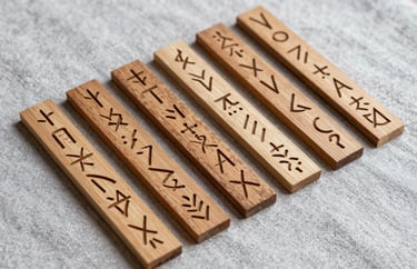 A detailed photograph of hand-carved wooden runes spread across a light grey linen cloth. The lighting is natural and crisp, emphasizing the texture of the wood and the symbolic engravings. Professional, clean composition.