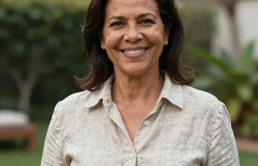 Professional portrait of a middle-aged South American / Brazilian woman with a warm smile, wearing a simple linen shirt, standing in front of a garden, soft outdoor lighting.