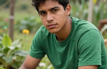 Portrait of a young South American / Brazilian man with short dark hair, wearing a green t-shirt, working in a garden setting, looking into the camera with confidence, daytime lighting.