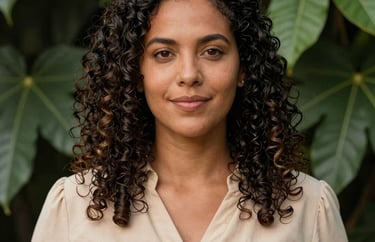 Portrait of a South American / Brazilian woman with dark curly hair, wearing a beige blouse, standing against a background of green leaves, professional and welcoming style.