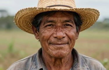 Portrait of a South American / Brazilian man in his 50s, smiling, wearing a straw hat and a work shirt, outdoors in a field, authentic and friendly expression.