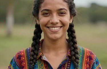 Portrait of a smiling young South American / Brazilian woman with braids, wearing a colorful patterned shirt, in an outdoor setting with natural elements in the background.
