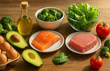 Cibo naturale per chetosi e libertà alimentare: uova, avocado, pesce e verdure fresche.