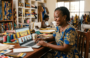 Smiling African fashion designer using a laptop to manage her online clothing boutique in a sewing workshop.