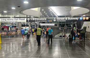 jFK AirTrain hub showing signs for LIRR, subway and Elevators