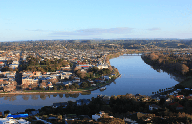From atop the Durie Hill War Memorial Tower, a view early morning of the Whanganui River, to the northwest, and Dublin Street