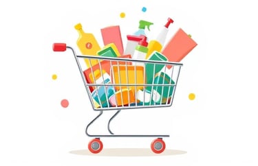 Visualize a shopping cart icon overflowing with happy little products.