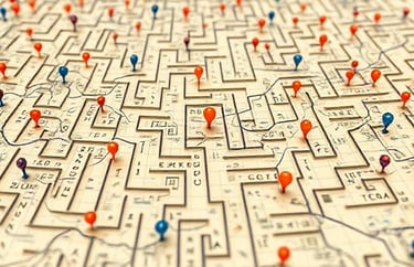A visual metaphor for navigating complexity, like a maze or a map with data points.