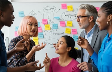 Group brainstorming business ideas with sticky notes.