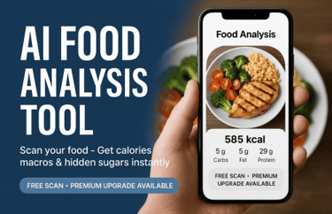 A mobile phone displaying an AI food analysis tool app calculating calories and macros for a grilled chicken meal.