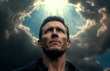 Christian man seeking freedom from porn addiction under heavenly light breaking through darkness.