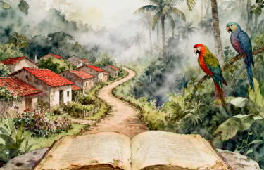 a book opened to show a painting of a parrot and a parrot