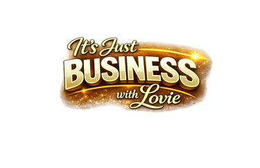 Golden 3D logo for It's Just Business with Lovie podcast featuring sparkling dust on a black background.