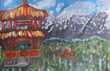 a painting of an Asian building and mountains in the background