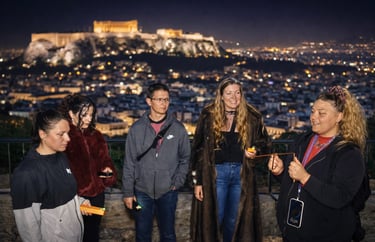 Friends in Athens at night Acropolis views