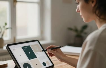 Portrait of a creative professional in a bright Spanish-speaking studio, soft neutral tones, natural window light, focused on a tablet showing a minimalist branding moodboard.
