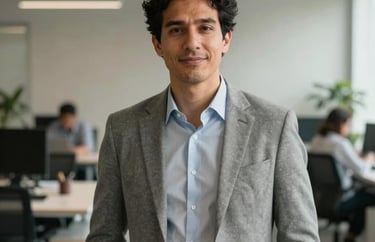 Portrait of a Spanish-speaking operations manager in a luminous open-plan office, soft neutral palette of greige and stone, natural lighting.