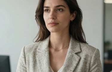 Portrait of a Spanish-speaking professional woman with a serene expression, wearing a light greige linen blazer, soft natural light, minimalist office background.