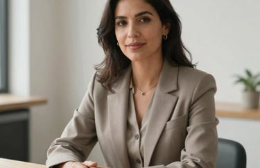 Portrait of a Spanish-speaking strategic consultant sitting at a light wood table, neutral attire in taupe colors, soft natural lighting, peaceful atmosphere.