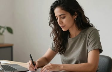 Portrait of a Spanish-speaking designer at a minimalist desk, neutral tones, focused on a project with a serene and professional demeanor.