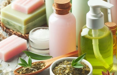 a pink liquid and a green liquid in different clear containers for body products 