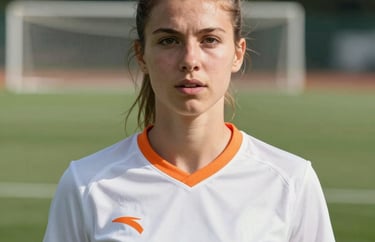 Portrait of a young female athletic trainer, European origin, with a focused and inspiring expression. She is wearing a white and orange athletic shirt. Blurred soccer pitch in the background.