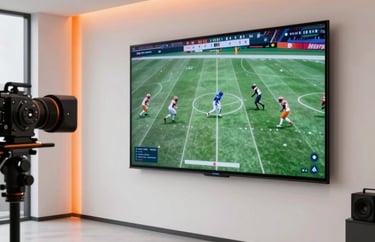 Photography of a tactical room with a large screen showing football plays. Professional and modern atmosphere. Clean lines, white and orange lighting.