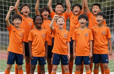 Full-body shot of a diverse group of 12-year-olds in matching orange jerseys, celebrating a goal. Joyful, vibrant, professional photography style.