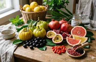 Frutas frescas de garcinia cambogia, romã, maracujá e goji berry sobre uma mesa rústica de madeira.