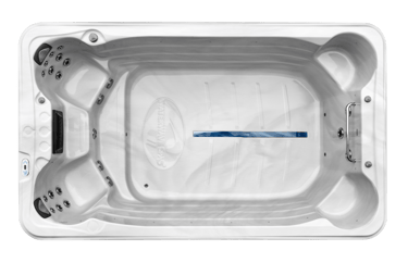 a hot tub with a blue and white tub