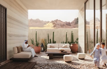 Modern open-plan living space with full-height glazing and courtyard connection