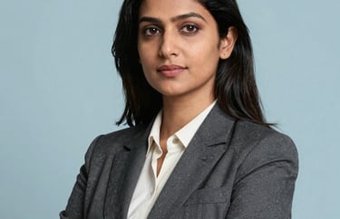Professional studio portrait of a South Asian female executive in elegant business attire, looking poised and authoritative, light blue background.
