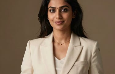 Professional studio portrait of a South Asian female professional in a cream-colored business suit, warm lighting, approachable and professional.
