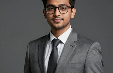 Professional studio portrait of a young South Asian male executive with glasses, wearing a sharp grey suit and a confident expression.