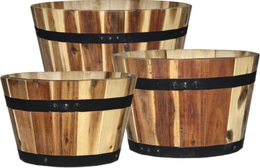 Set of three rustic acacia wood barrel planters with decorative black metal bands.