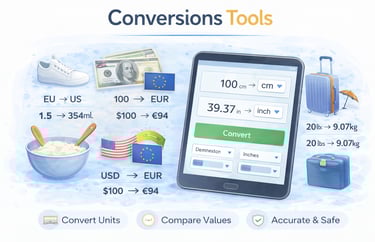 Conversion tools dashboard showing shoe size, cooking measurement, and unit conversion calculators for everyday conversions