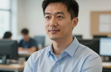 A professional headshot of a male workforce trainer in a light blue shirt, looking approachable and helpful, shot in a well-lit North American workspace.