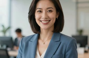 A professional headshot of a female career director in a slate blue blazer, smiling warmly in a bright North American office setting with a soft-focus background.