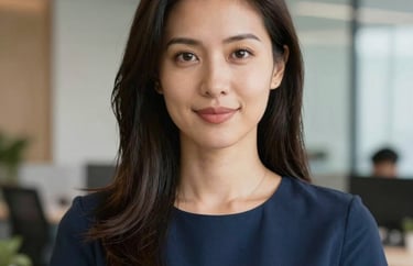A professional headshot of a female HR specialist with a confident expression, wearing a navy blue top, set against a modern office interior.