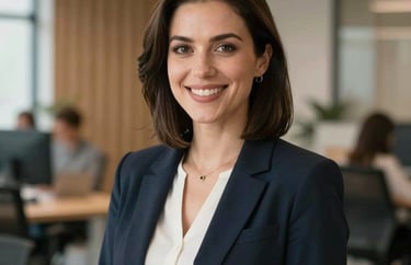 A professional headshot of a female community manager with a friendly smile, standing in a contemporary office space with wooden accents.