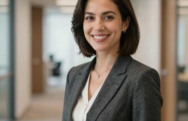 A professional headshot of a smiling woman in a dark grey blazer, standing in a brightly lit North American office corridor with soft focus in the background.